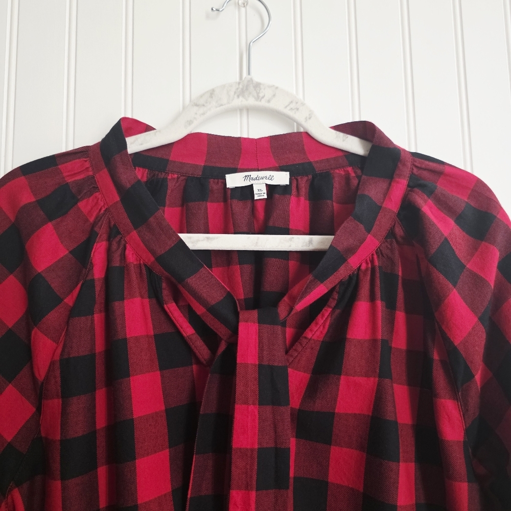 Madewell | Tie Neck Pullover Buffalo Check Blouse XL - Picture 4 of 6